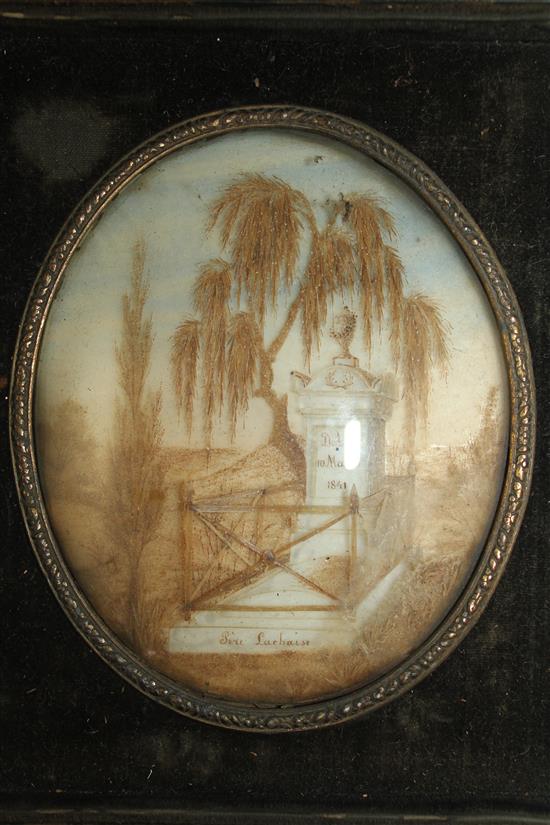 A pair of 19th century French oval memorial hair work pictures, each plaque 4 x 3.25in.